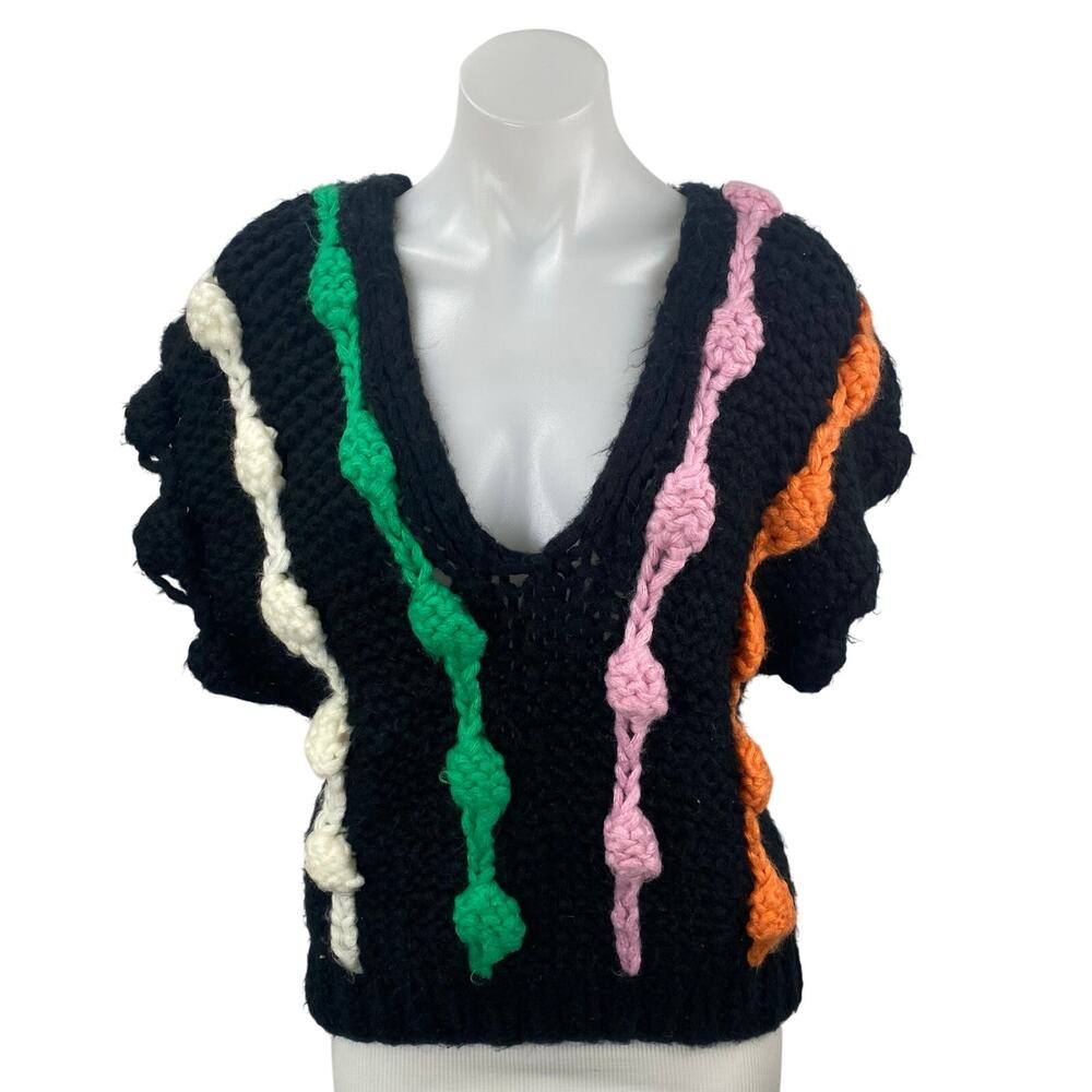 Anthropologie Maeve Black Bauble Knit Chunky Striped Sweater Vest Top Size OS